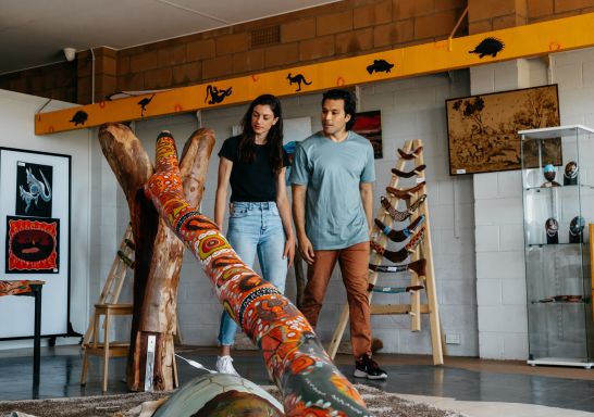 Couple strolling through Barkindji Wiimpatya Murra Centre, Mildura