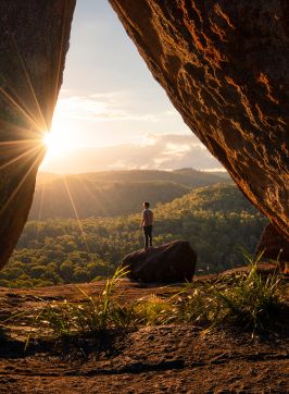 Man enjoying a scenic walk, Dandahra Crags walking track, Gibraltar Range National Park, Gibraltar Range