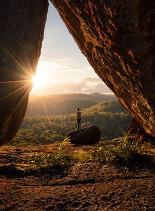 Man enjoying a scenic walk, Dandahra Crags walking track, Gibraltar Range National Park, Gibraltar Range